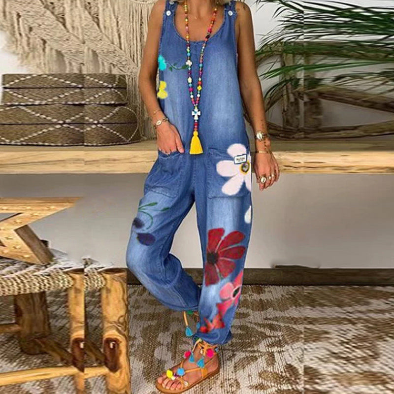 Jovalythra - Casual Denim Bloemen Overall met Ruime Pasvorm voor Dames