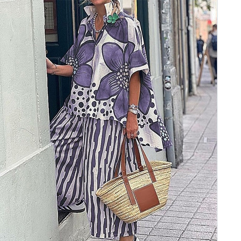Celitha - Dames ensemble met botanische print en brede broek