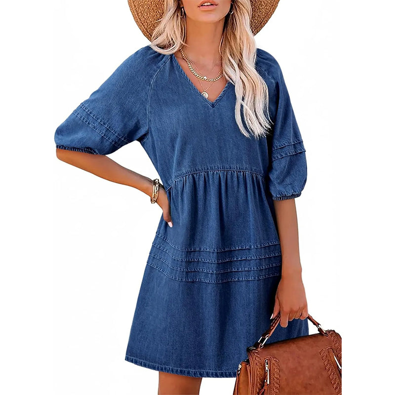 Olivessa - Lichte denim jurk voor dames met V-hals en casual snit