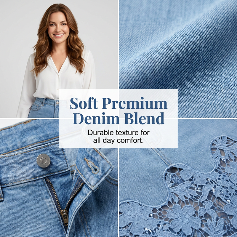 Helynora - Lange denim rok voor vrouwen met kanten bloemenrand