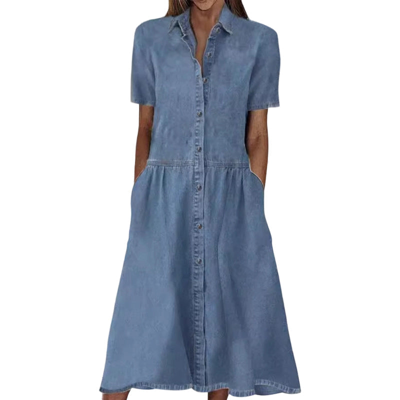 Doreya - Dames overhemdjurk denimlook met knopen en zakken