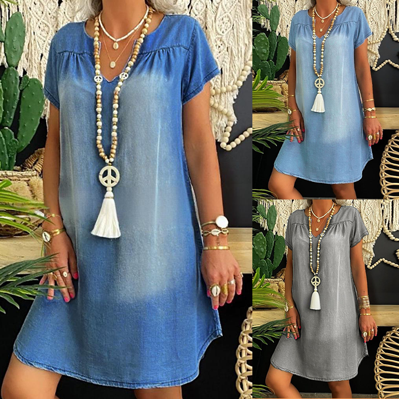 Loryssa - Dames denim jurk met V-hals en korte mouwen