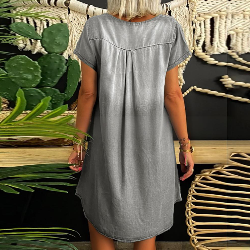 Loryssa - Dames denim jurk met V-hals en korte mouwen