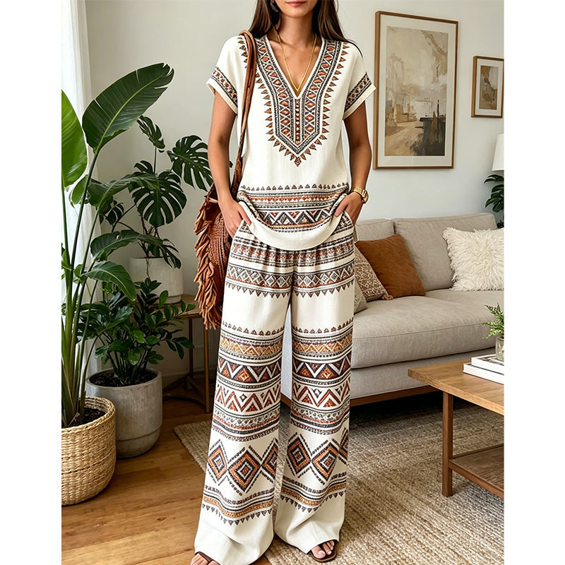 Rynessa - Boho dames ensemble met gedrukte top en brede broek