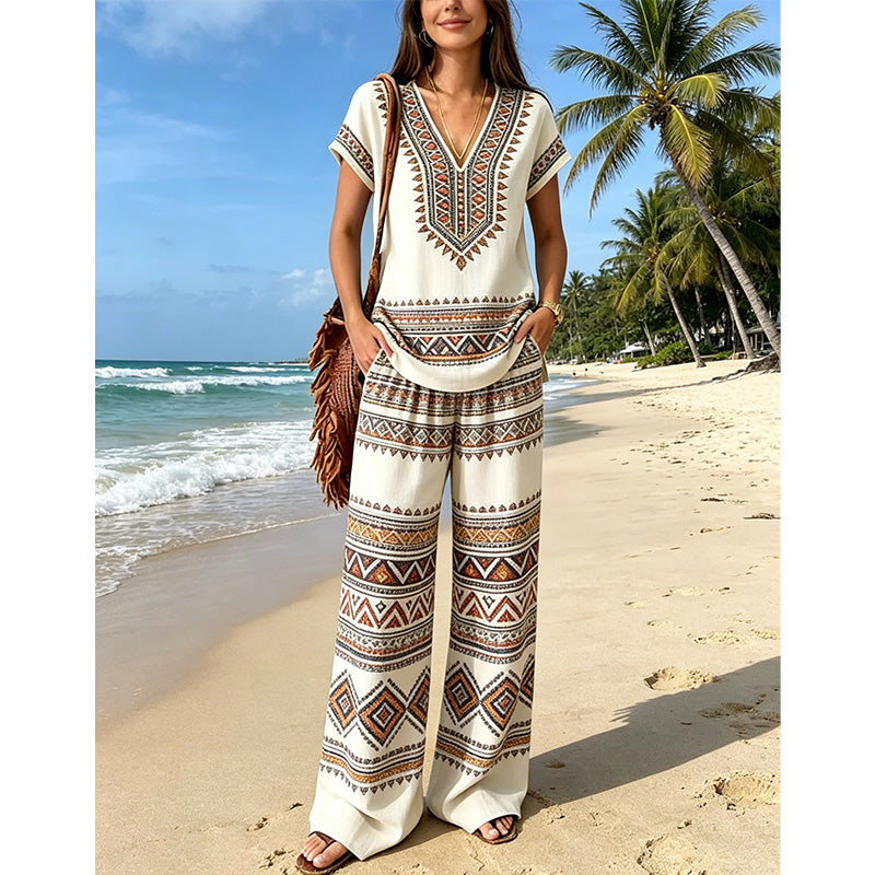 Rynessa - Boho dames ensemble met gedrukte top en brede broek