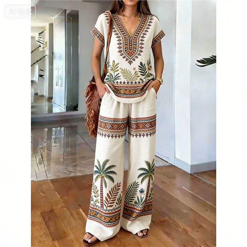 Rynessa - Boho dames ensemble met gedrukte top en brede broek