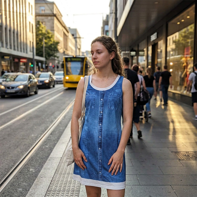Novalie - Korte jurk voor dames met denim effect zonder mouwen