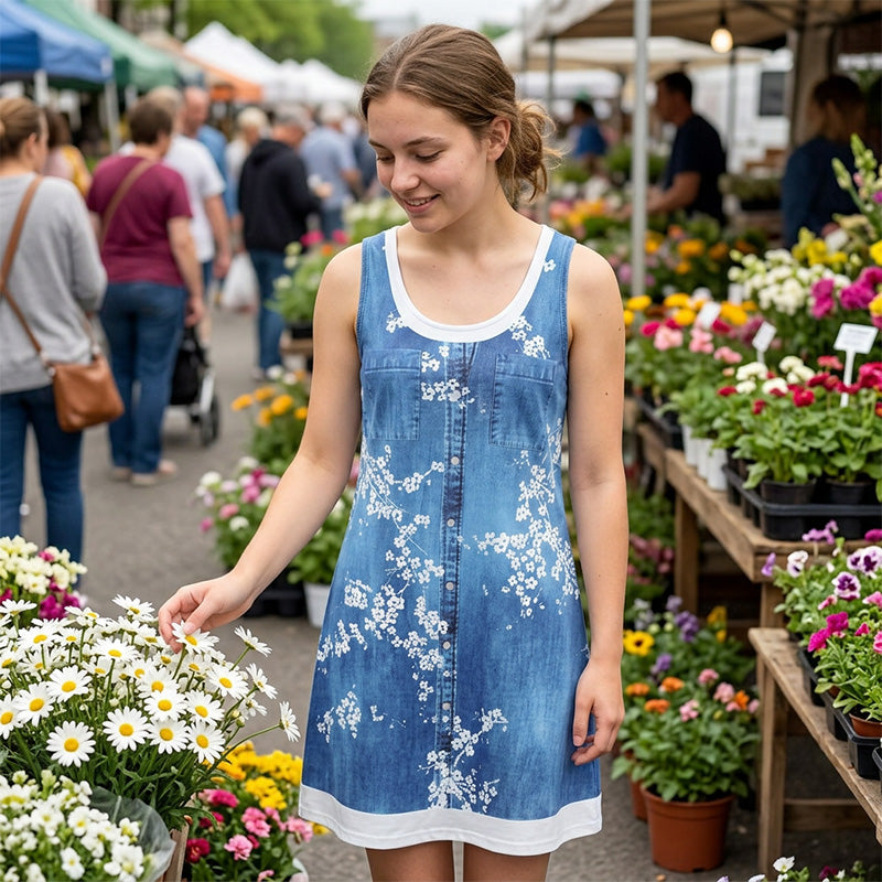 Novalie - Korte jurk voor dames met denim effect zonder mouwen