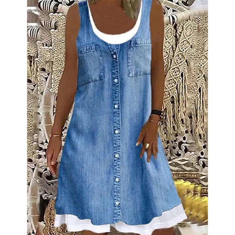 Novalie - Korte jurk voor dames met denim effect zonder mouwen