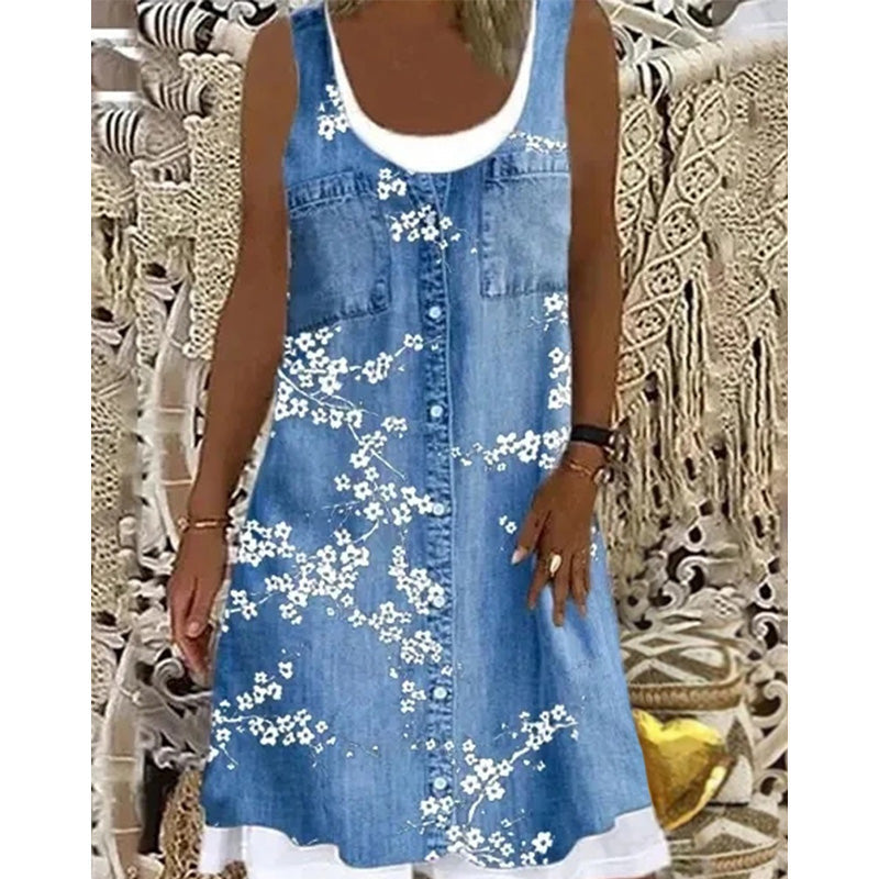 Novalie - Korte jurk voor dames met denim effect zonder mouwen