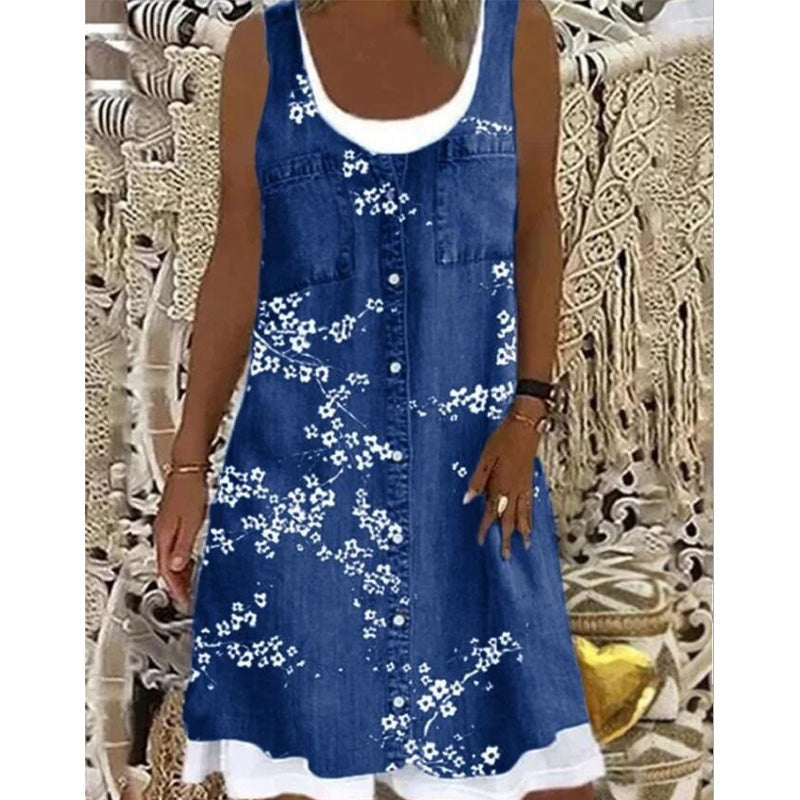 Novalie - Korte jurk voor dames met denim effect zonder mouwen