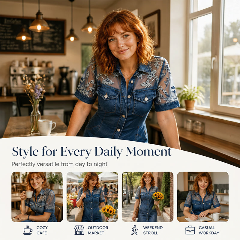 Galena - Korte denim blousejurk voor dames met transparante kant