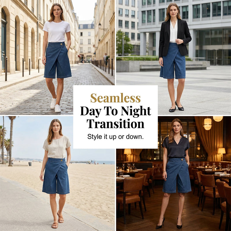 Hesperia - Korte damesbroek met denim effect en asymmetrische portefeuille snit
