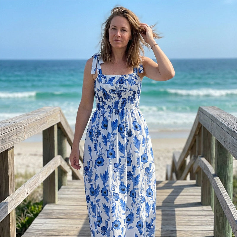 Florenne - Lange jurk voor vrouwen met bloemenprint, smocks en knoopbandjes