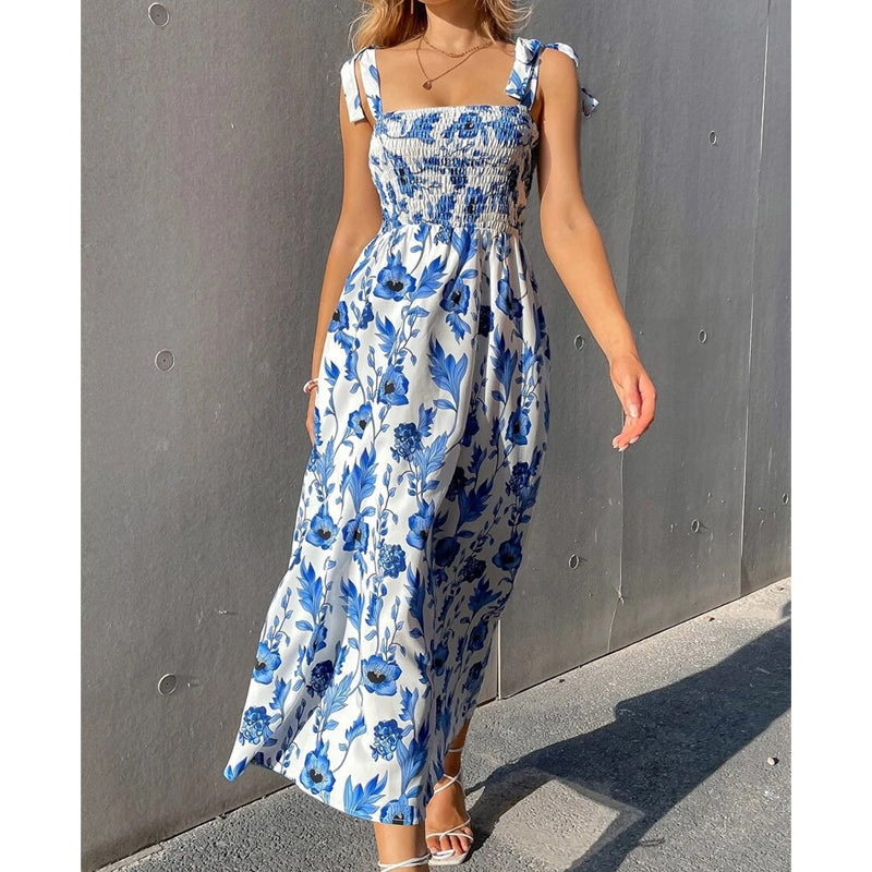 Florenne - Lange jurk voor vrouwen met bloemenprint, smocks en knoopbandjes