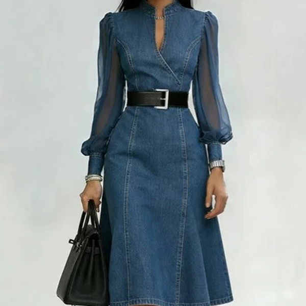Willemieke - Midi jurk voor dames met denim effect, transparante mouwen en riem
