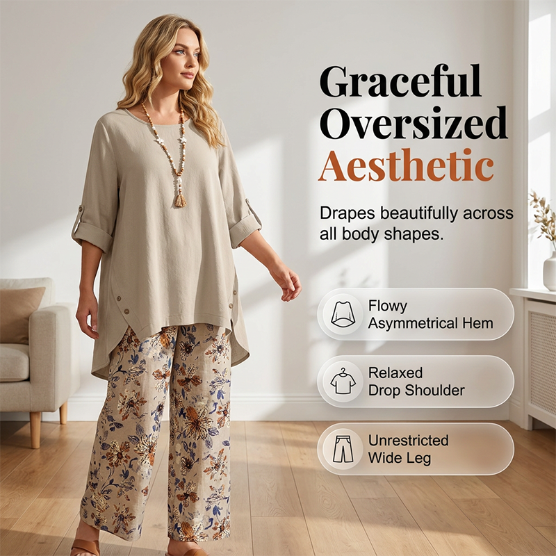 Lorenae - Vrouwen set van katoen-linnen met tuniek en bloemenbroek | Perfect voor de zomer én het najaar!