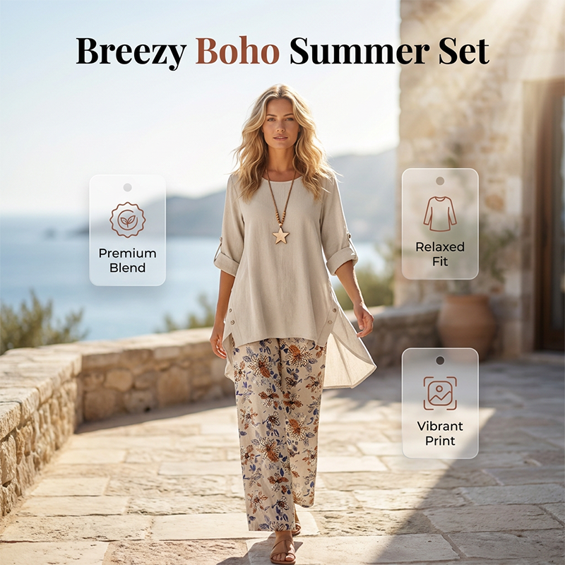 Lorenae - Vrouwen set van katoen-linnen met tuniek en bloemenbroek | Perfect voor de zomer én het najaar!