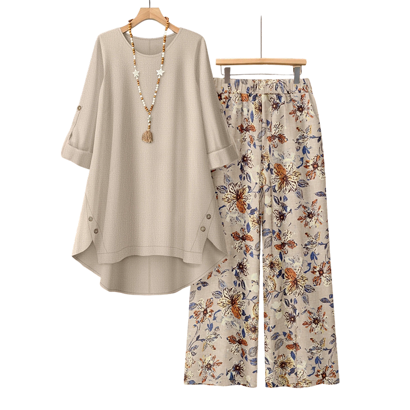 Lorenae - Vrouwen set van katoen-linnen met tuniek en bloemenbroek | Perfect voor de zomer én het najaar!