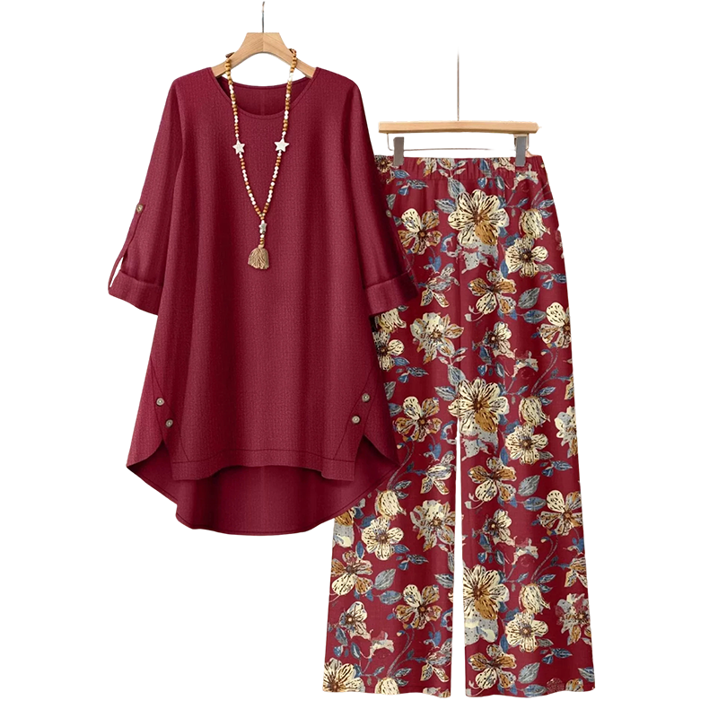 Lorenae - Vrouwen set van katoen-linnen met tuniek en bloemenbroek | Perfect voor de zomer én het najaar!