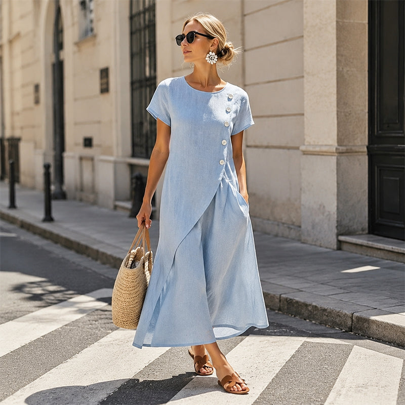Nalisse - Dames midi jurk met asymmetrische knopen en zakken