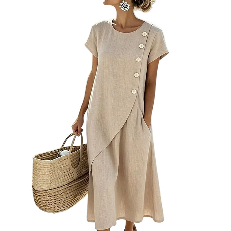 Nalisse - Dames midi jurk met asymmetrische knopen en zakken