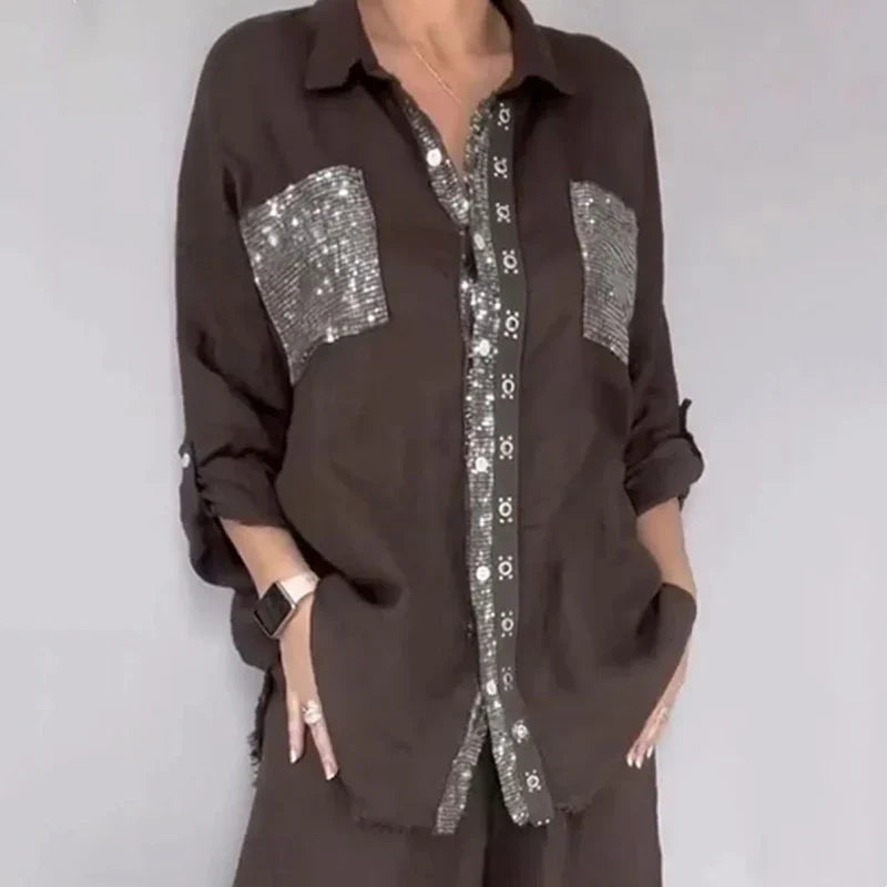 Elvara - Dames ensemble blouse en broek met glitters