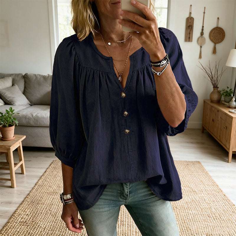 Félicienne - Damesblouse met V-hals en elegante driekwartmouwen