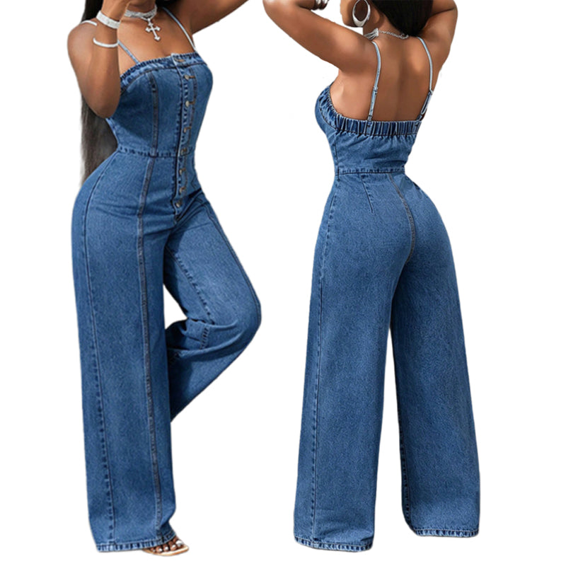 Jana - Damesjeansoverall met fijne schouderbanden