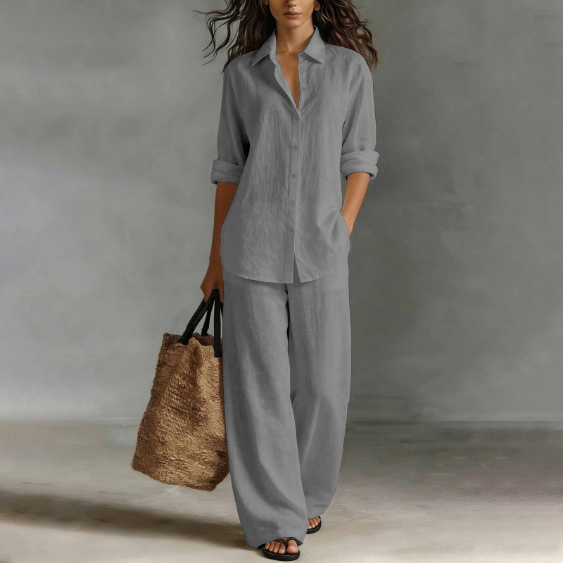 Mirthe - Dames set met knoopblouse en wijde, vloeiende broek