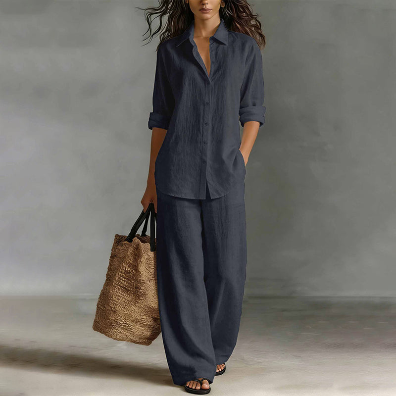 Mirthe - Dames set met knoopblouse en wijde, vloeiende broek