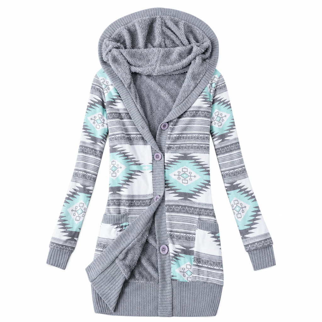 Janke - Lange dames cardigan met capuchon in jacquard breiwerk en knopen