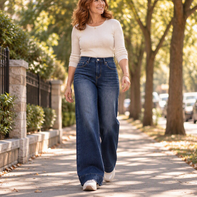 Azeline - Hoge taille dames jeans met wijde pijpen in casual denim stijl