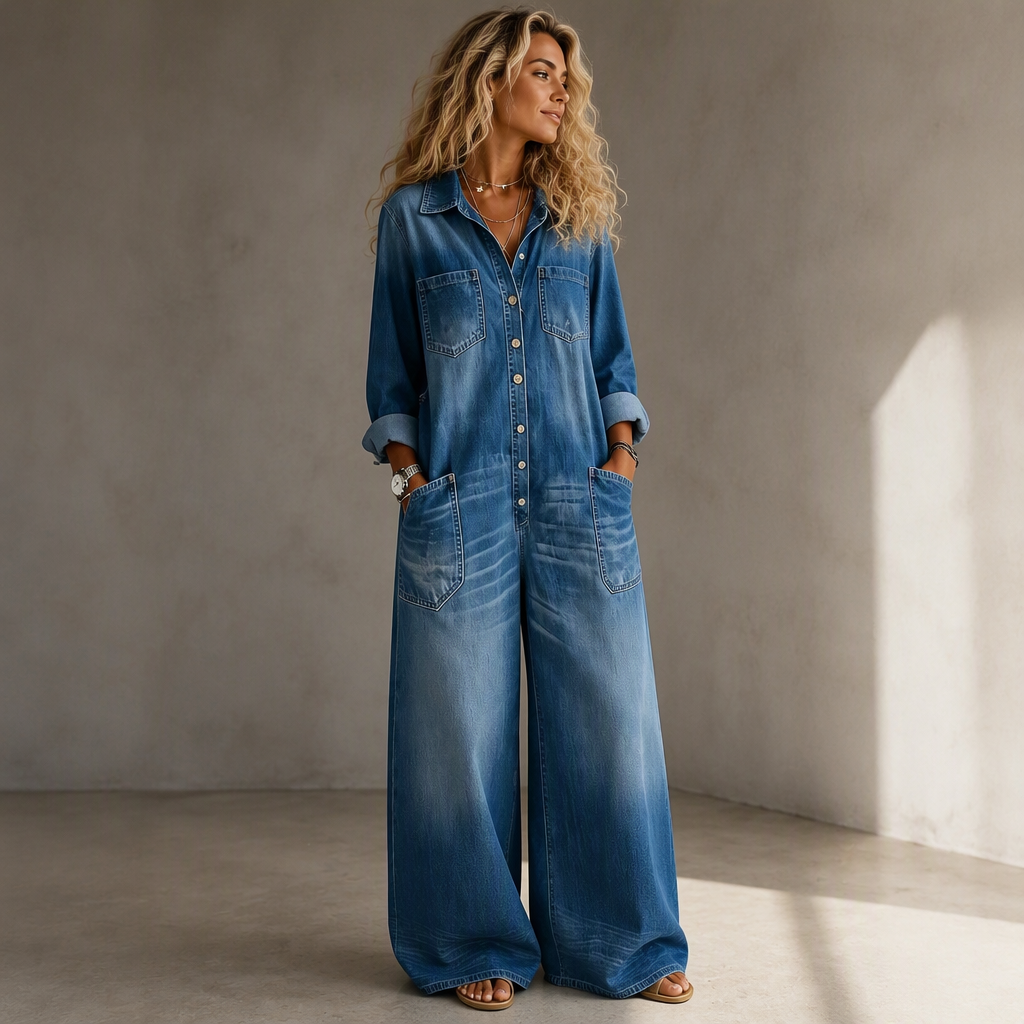 Elien - Dames jumpsuit van denim met wijde benen in vintage stijl