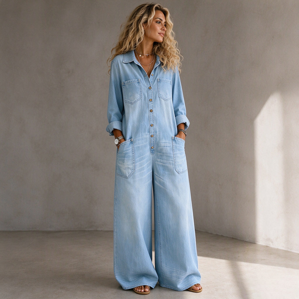 Elien - Dames jumpsuit van denim met wijde benen in vintage stijl