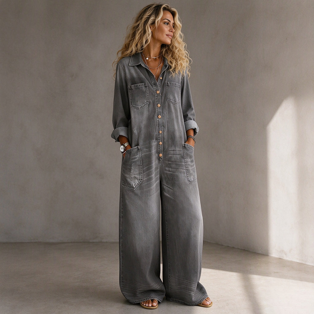 Elien - Dames jumpsuit van denim met wijde benen in vintage stijl