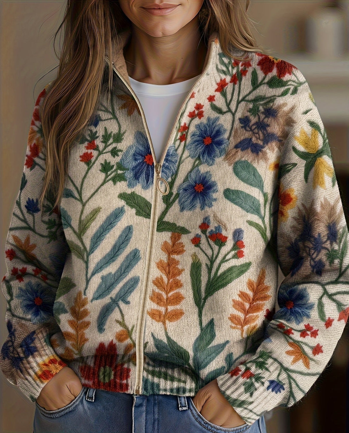Hella - Dames cardigan met rits en bloemenprint