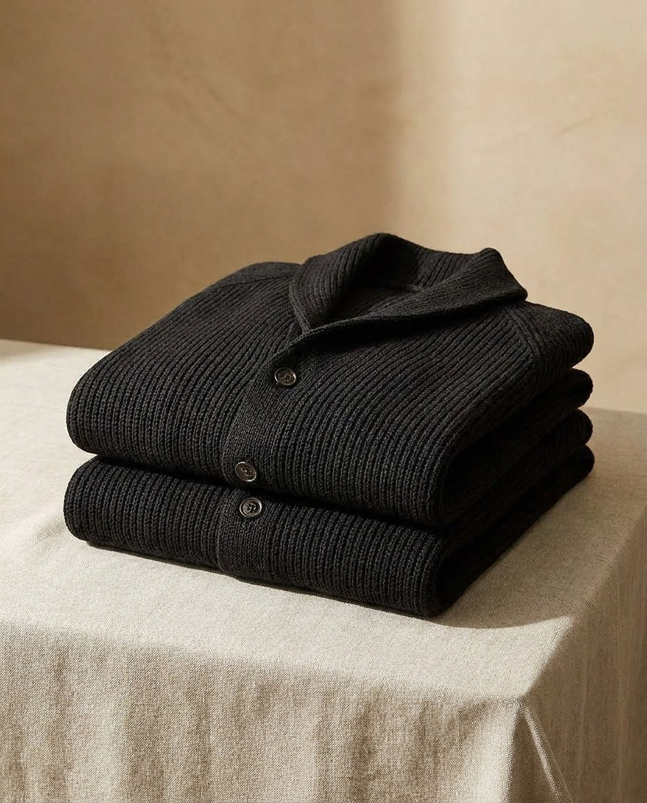 Kevin - Heren cardigan van ribbelbrei met sjaalkraag en knopen