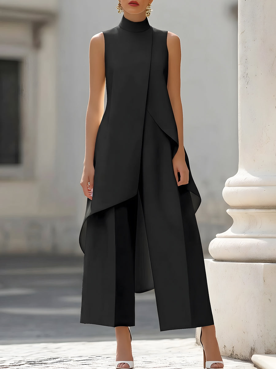 Dovessa - Dames jumpsuit met hoge kraag en asymmetrisch paneel
