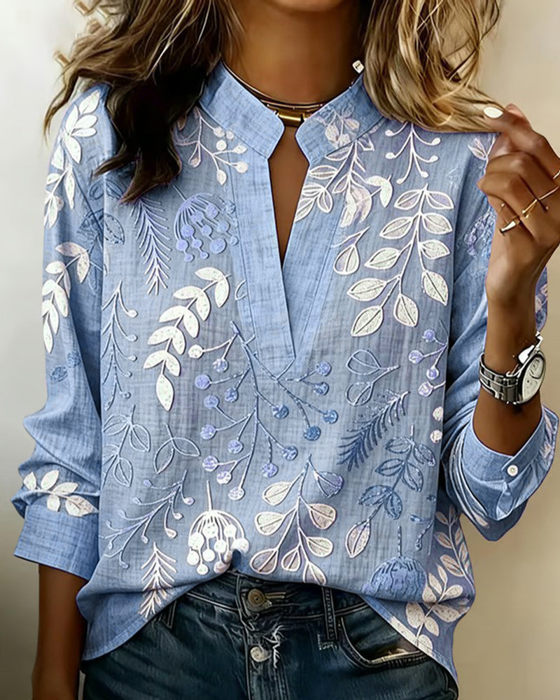 Drynora - Damesblouse met bloemenprint open kraag lange mouwen elegante stijl