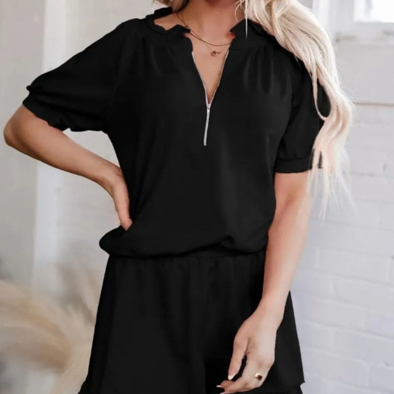 Talyssa - Twee-delig damesensemble met rits t-shirt en volant short