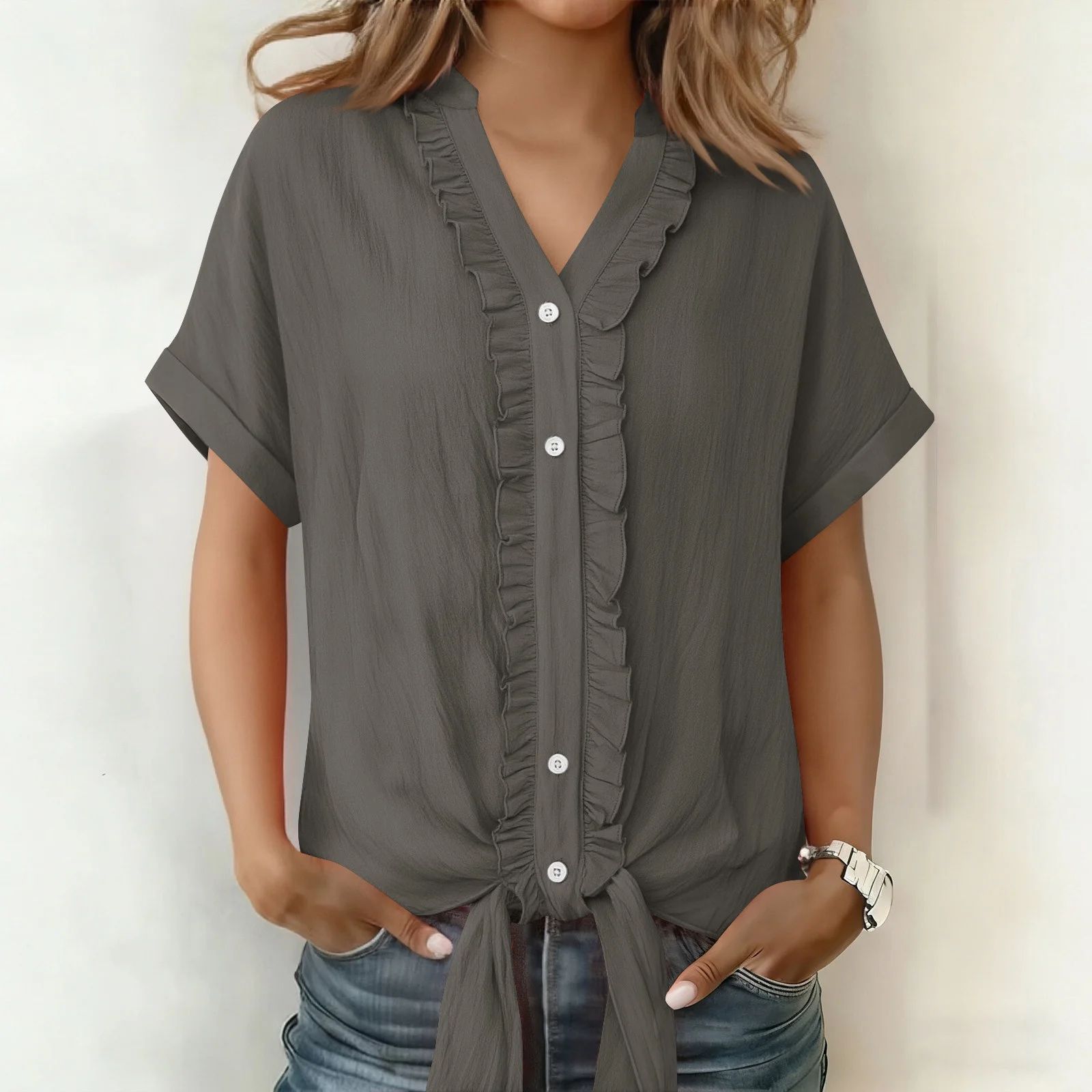Kalyxa - Dames katoen V-hals kortemouwen blouse zomer
