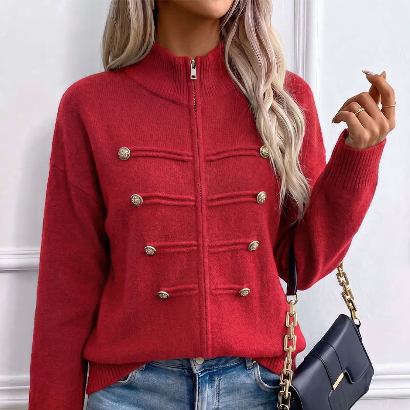 Teuntje - Dames gebreide gilet met hoge, rits en decoratieve knopen