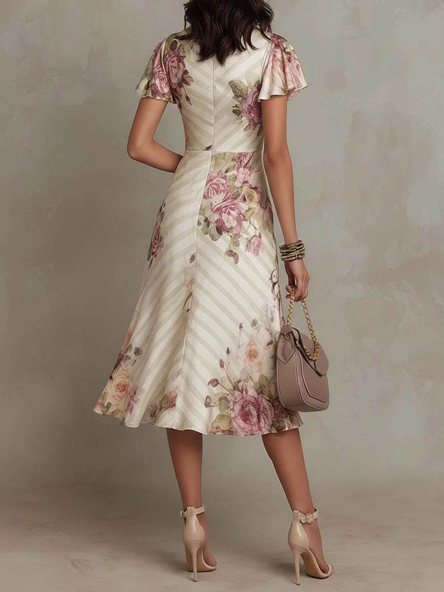 Daxirae - Elegante Midi Jurk voor Vrouwen met Bloemen Drapé voor Chic Uitjes