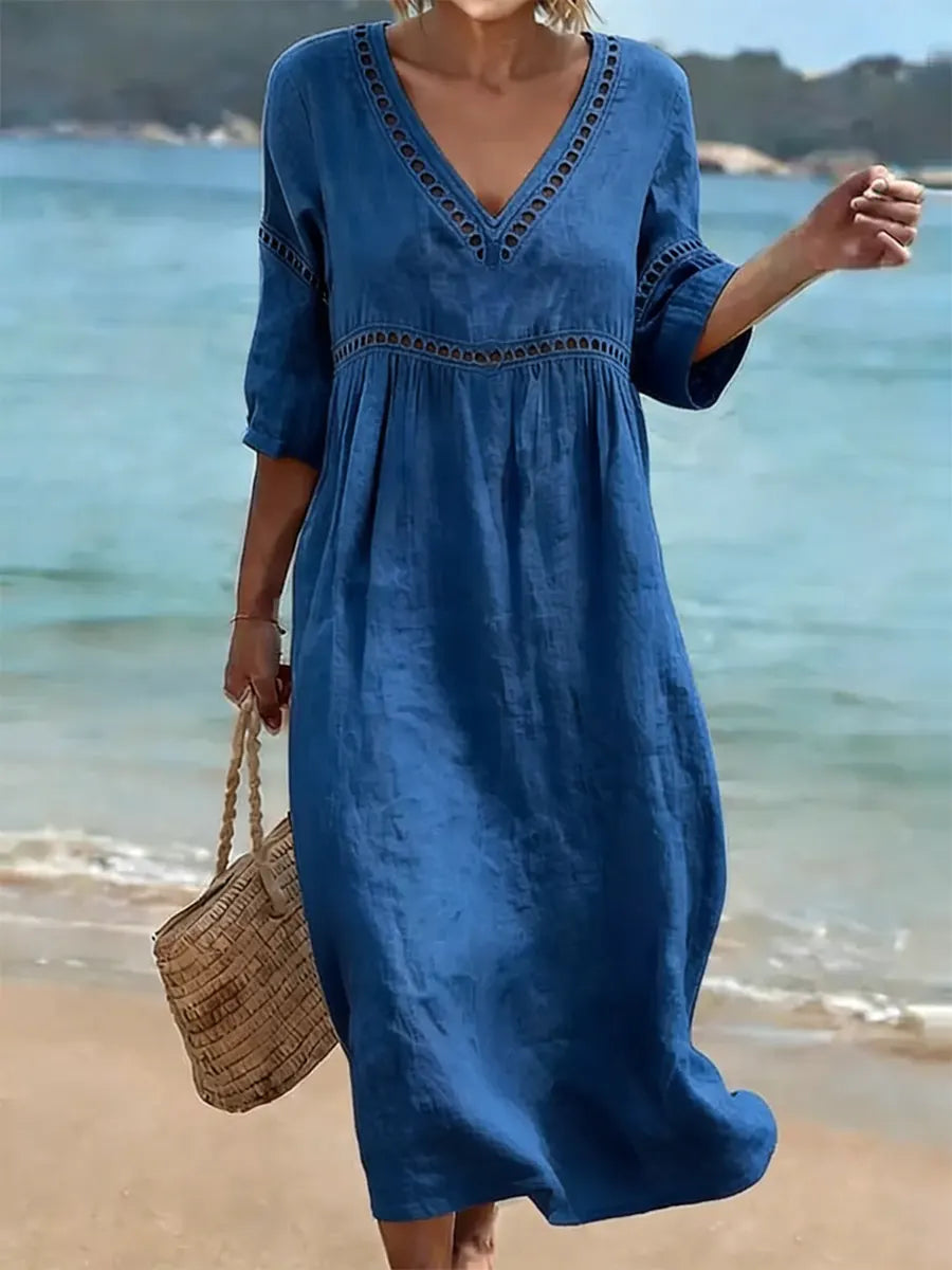 Rynoxa - Midi jurk voor vrouwen, vloeiend, V-hals, brede mouwen, elegante natuurlijke stijl
