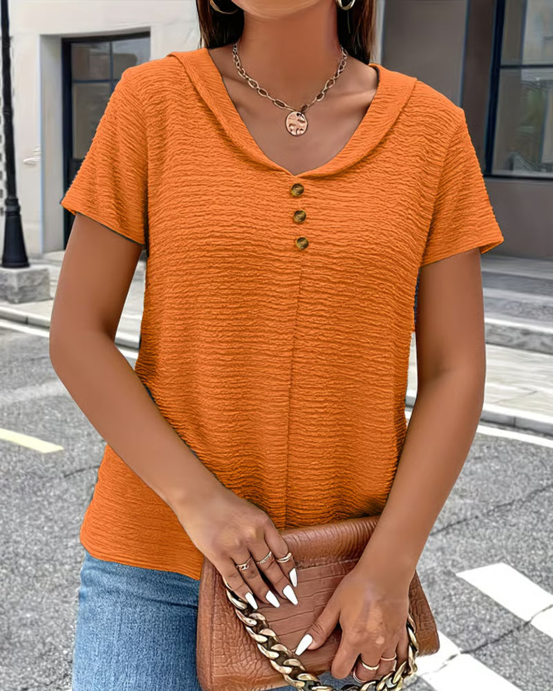 Syzelle - Dames t-shirt met ronde hals textuur korte mouwen elegante decoratieve knopen