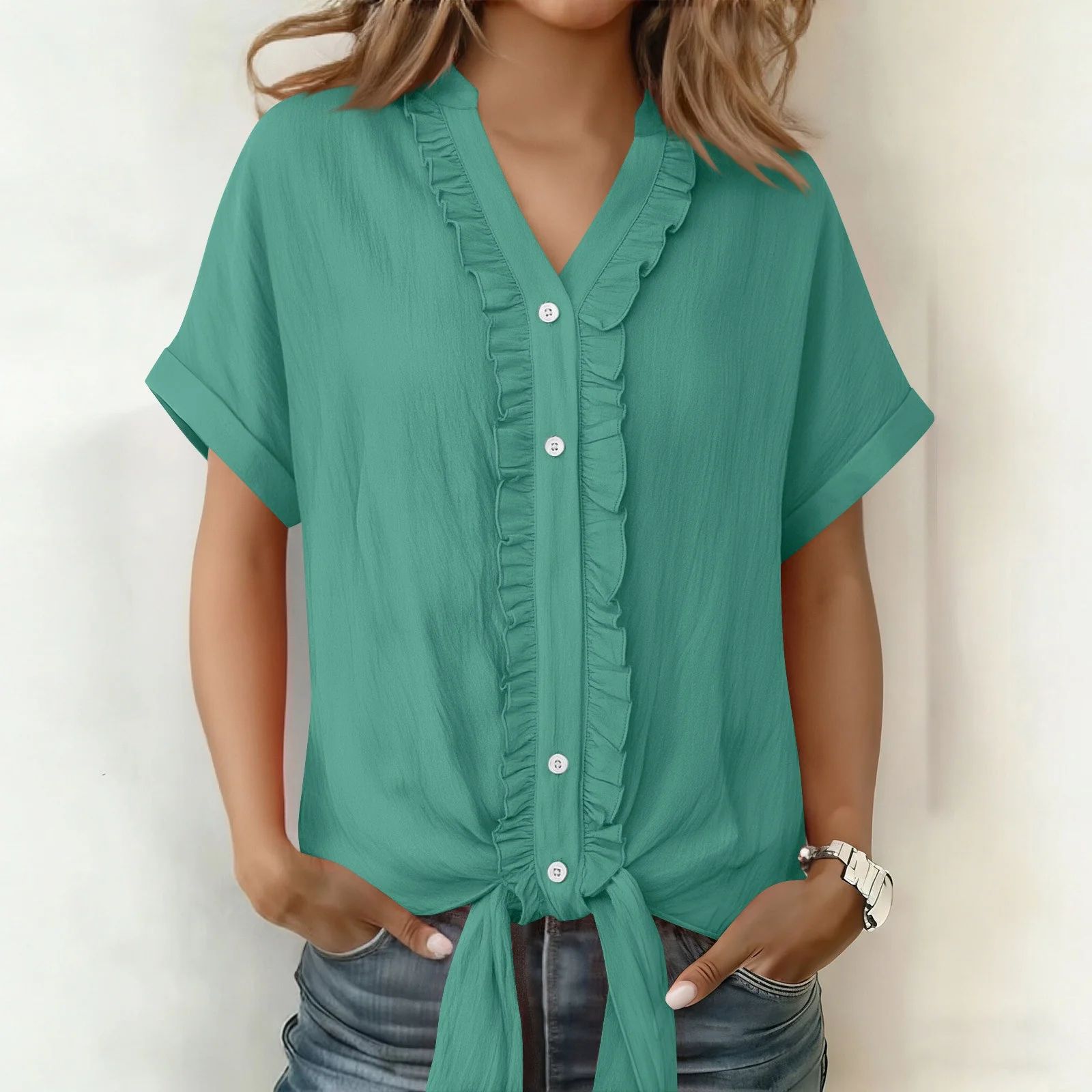 Kalyxa - Dames katoen V-hals kortemouwen blouse zomer