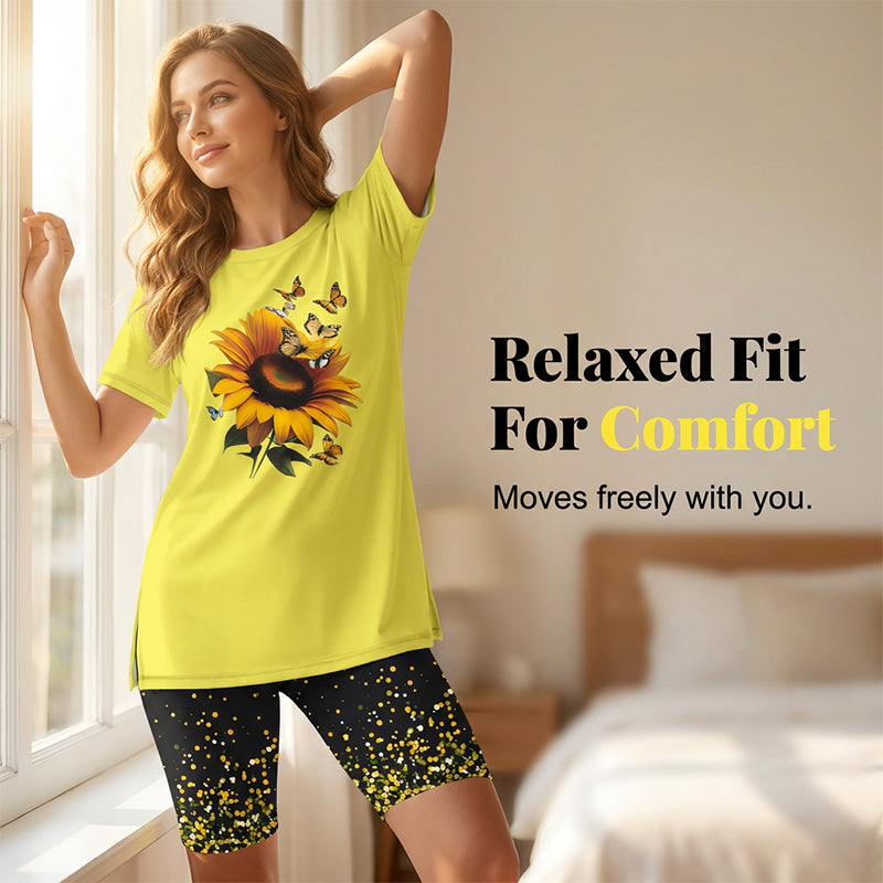 Evorielle - Dames set lange tuniek met zonnebloemprint en bijpassende short