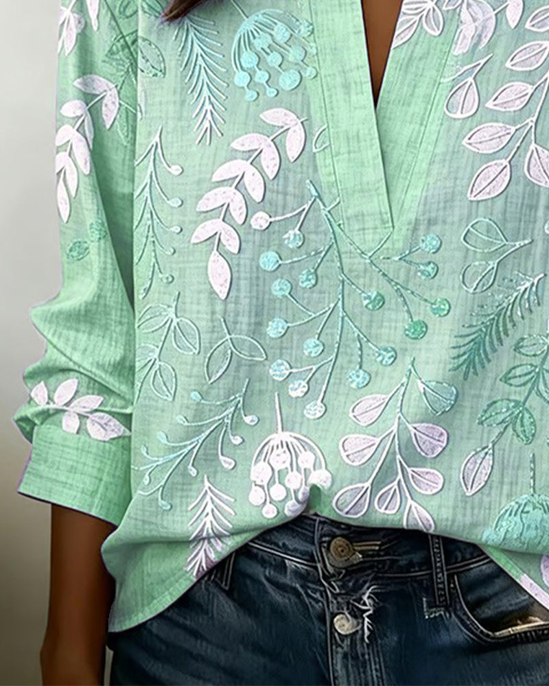 Drynora - Damesblouse met bloemenprint open kraag lange mouwen elegante stijl