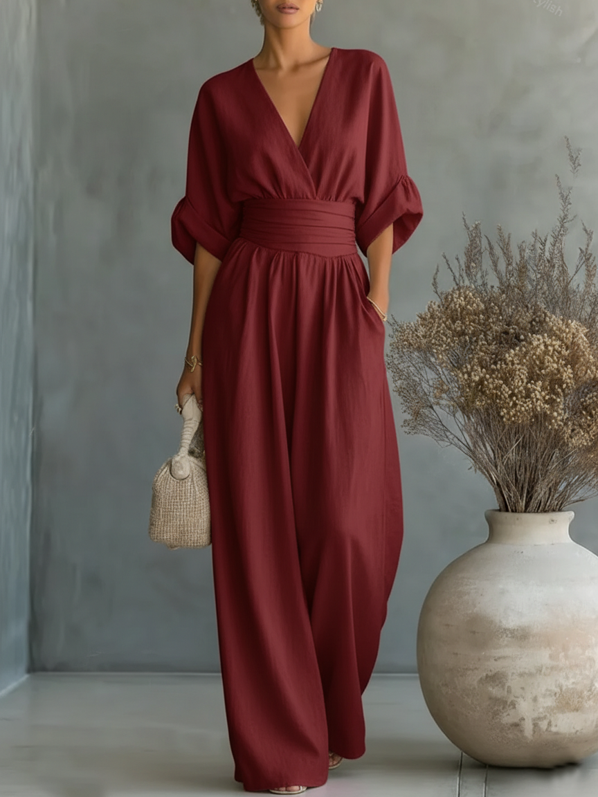 Helyrae - Dames Jumpsuit Met V-Hals Gedefinieerde Taille Elegante Vloeiende Pasvorm